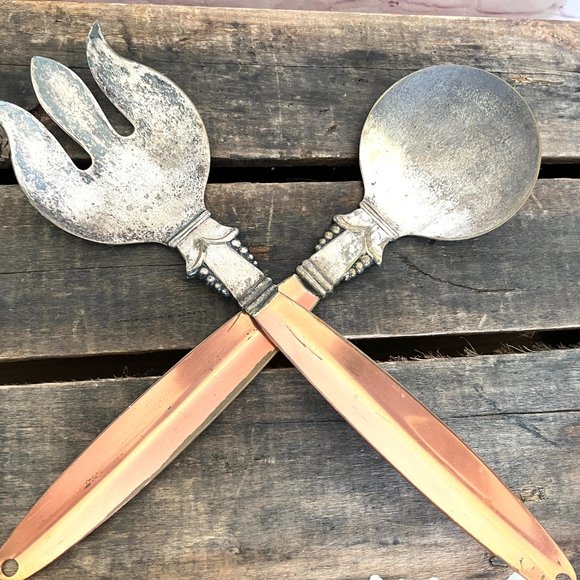 Large Gothic Copper & Silver Salad Servers - 1970 - Picture 1 of 7